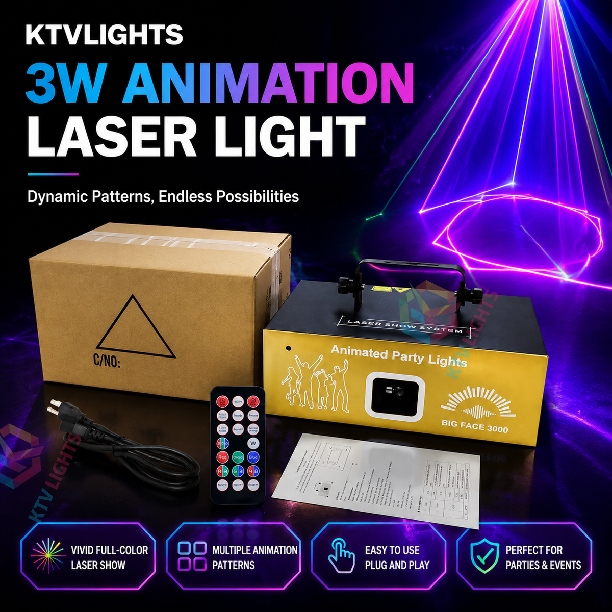 KTVLIGHTS 3W Sound-Activated Animation Laser Light for DJ Stages-A27