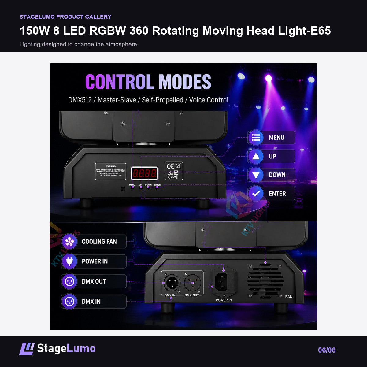 150W 8 LED RGBW 360 Rotating Moving Head Light-E65 - StageLumo image 6