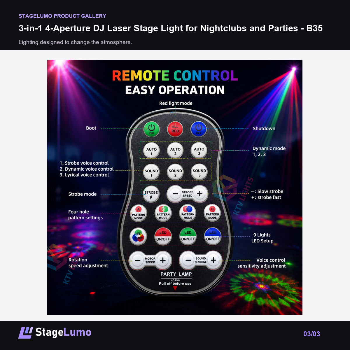 3-in-1 4-Aperture DJ Laser Stage Light for Nightclubs and Parties - B35 - StageLumo image 3