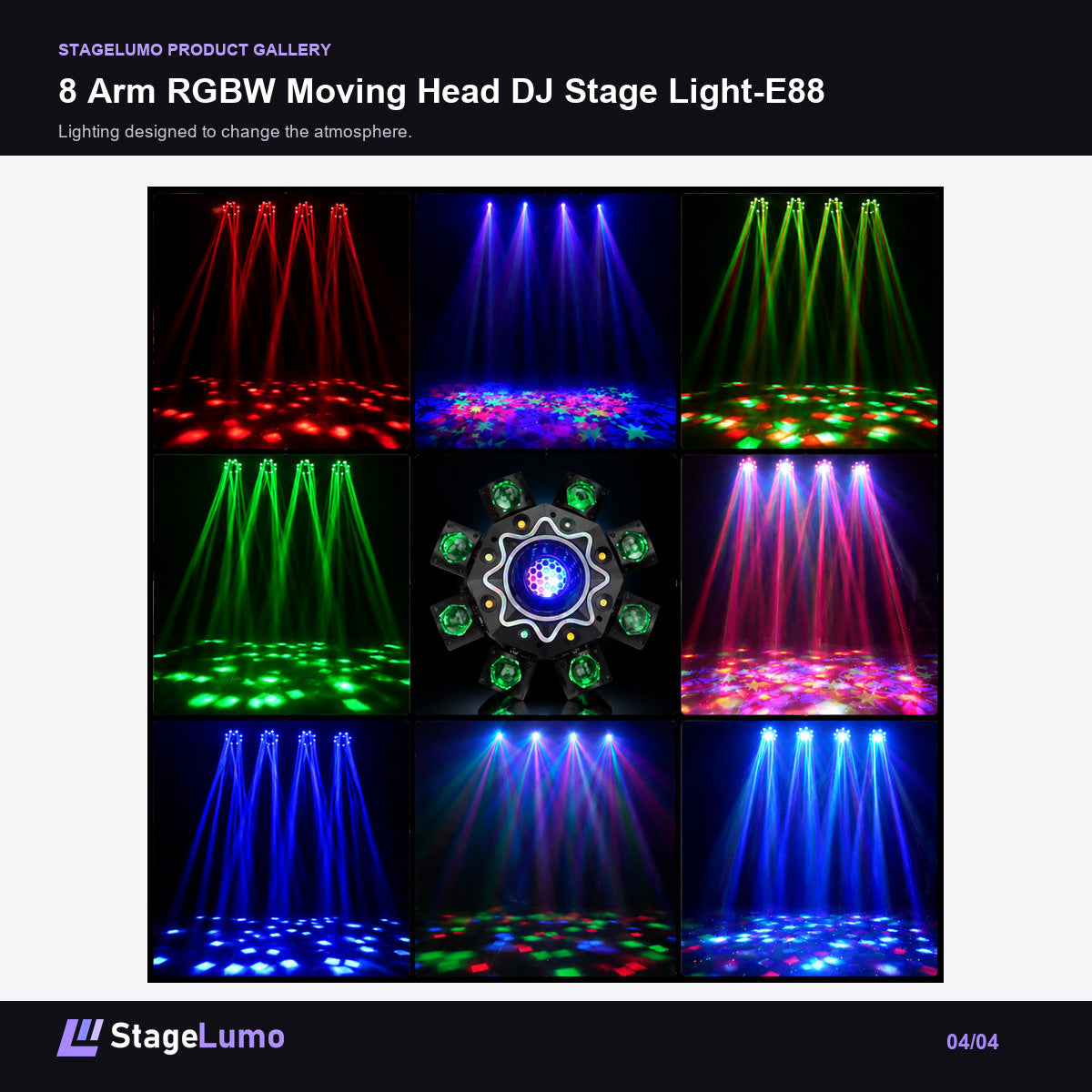 8 Arm RGBW Moving Head DJ Stage Light-E88 - StageLumo image 4