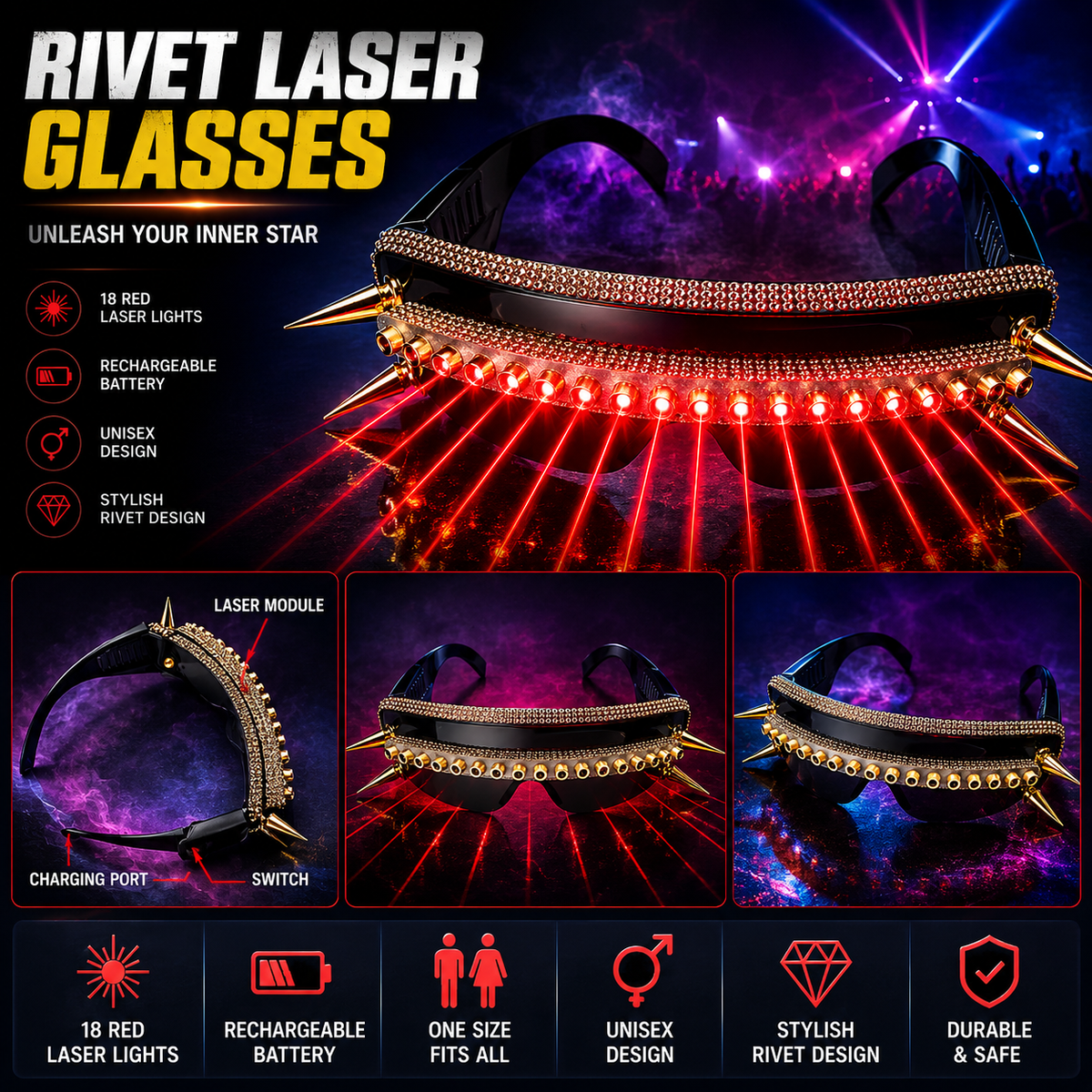 KTVLIGHTS Red Laser Glasses with Rivet Style for Parties & Festivals-M32