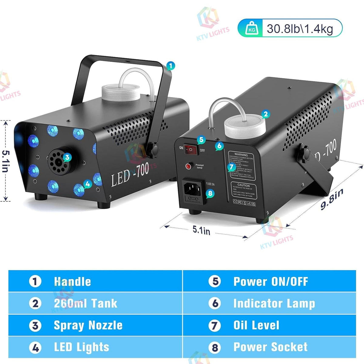 KTVLIGHTS 700W Fog Machine with 8 RGB LEDs & 14 Colors-Y16