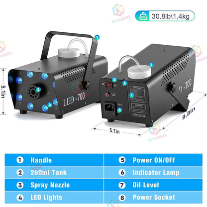 KTVLIGHTS 700W Fog Machine with 8 RGB LEDs & 14 Colors-Y16