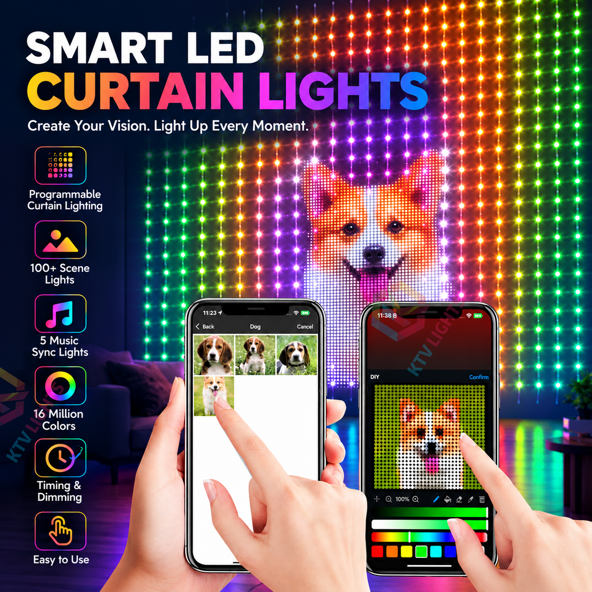 KTVLIGHTS Smart APP Curtain Light - DIY Text/Animation