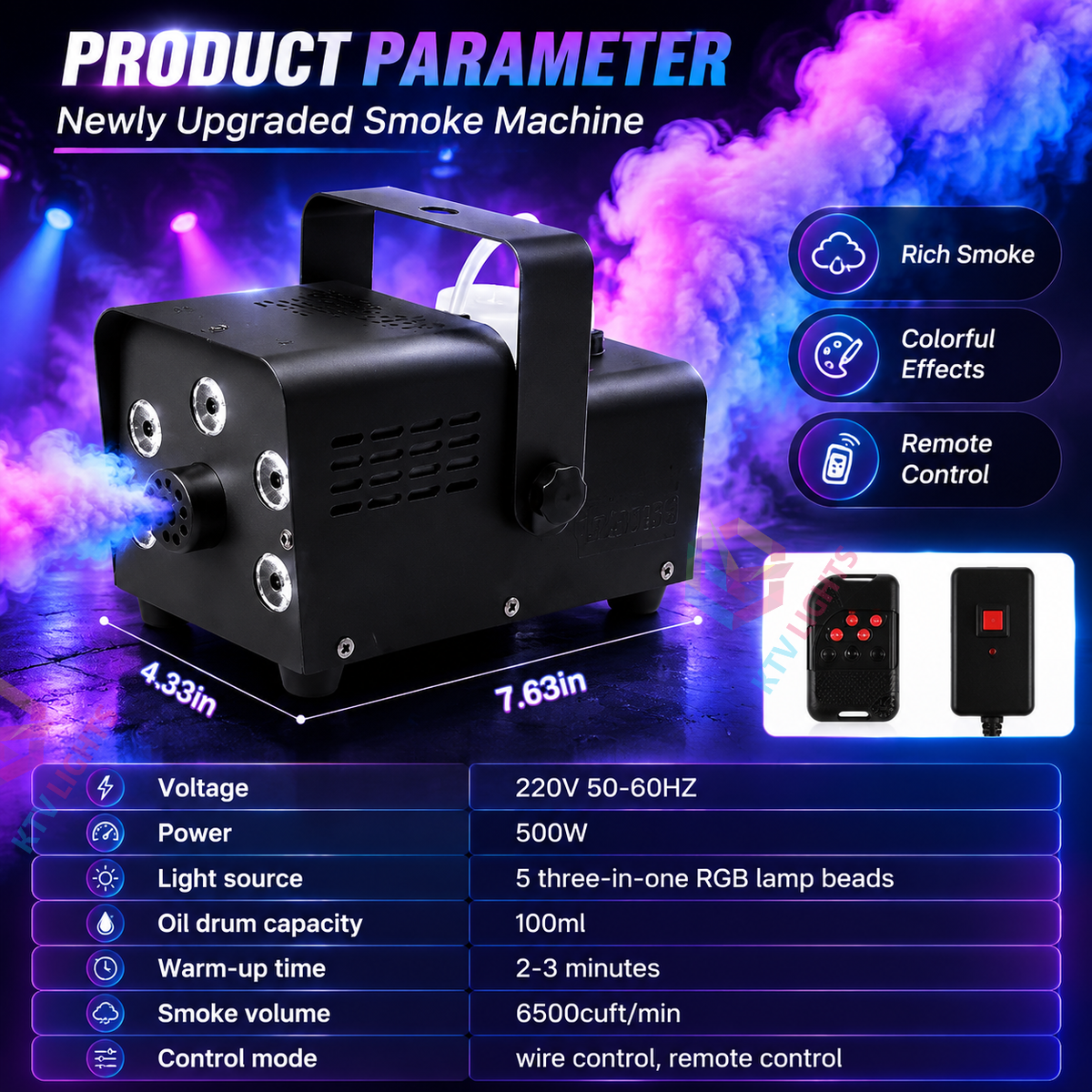 KTVLIGHTS 500W Colored Smoke Machine with Remote Control-Y4