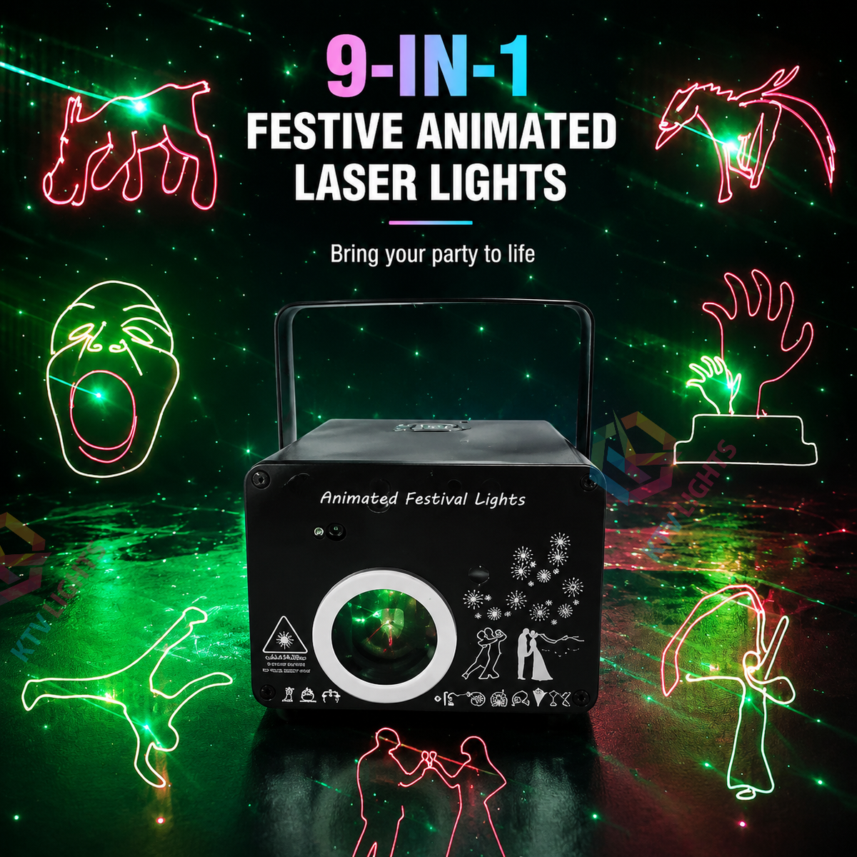 KTVLIGHTS 500mW/1W 9-in-1 Holiday Animation Laser Stage Light-A15