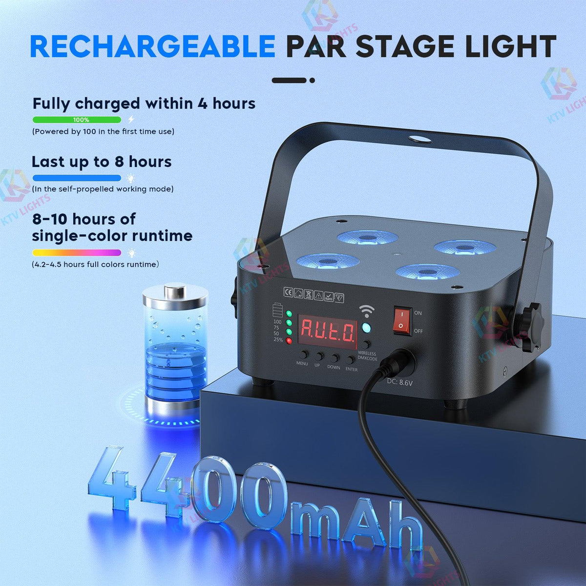 KTVLIGHTS 72W RGBWA UV APP Rechargeable LED PAR Light-P13