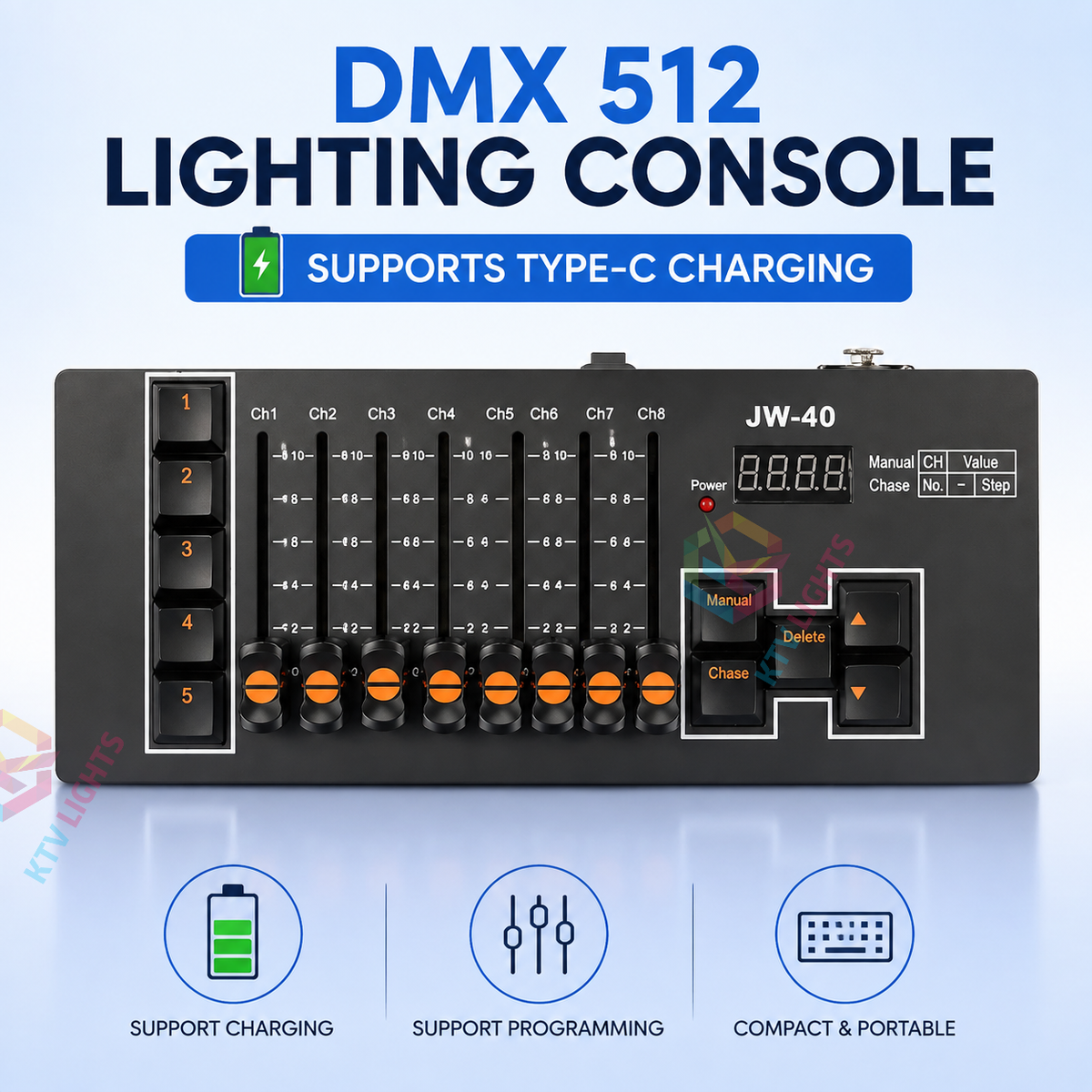 KTVLIGHTS Portable Rechargeable DMX512 Stage Lighting Console-D9