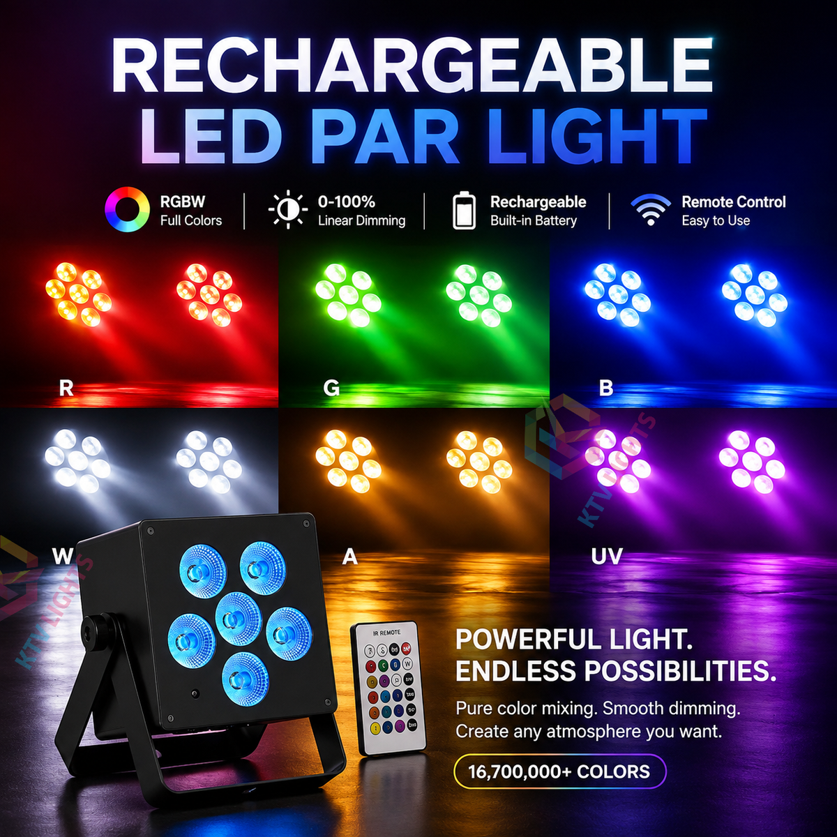 KTVLIGHTS 60W RGBWA UV DMX Voice-Activated Rechargeable PAR-P72