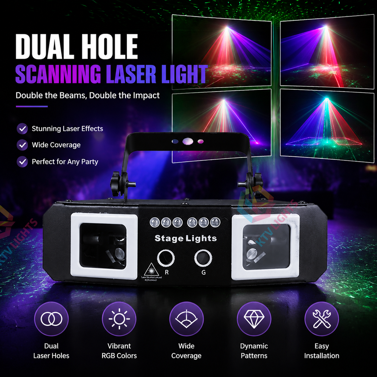 KTVLIGHTS 18W 2-in-1 Dual-Aperture RGB DMX Scanning Laser Stage Light-B30