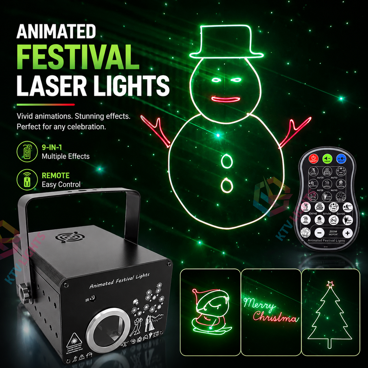 KTVLIGHTS 500mW/1W 9-in-1 Holiday Animation Laser Stage Light-A15