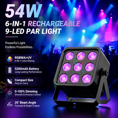 KTVLIGHTS 54W RGBWA+UV 6-in-1 DMX Rechargeable Stage Light-P25