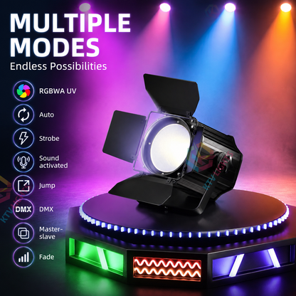 KTVLIGHTS 200W RGBWA UV 6-in-1 COB PAR Light with Barn Door-P35