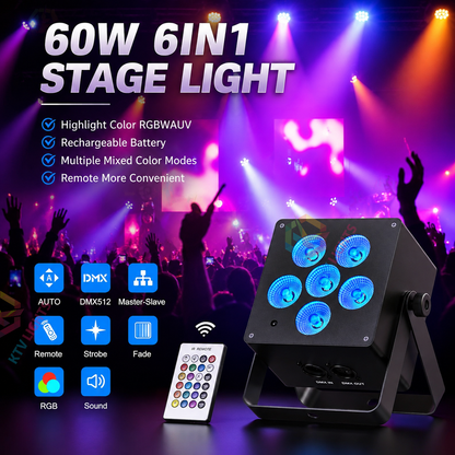 KTVLIGHTS 60W RGBWA UV DMX Voice-Activated Rechargeable PAR-P72
