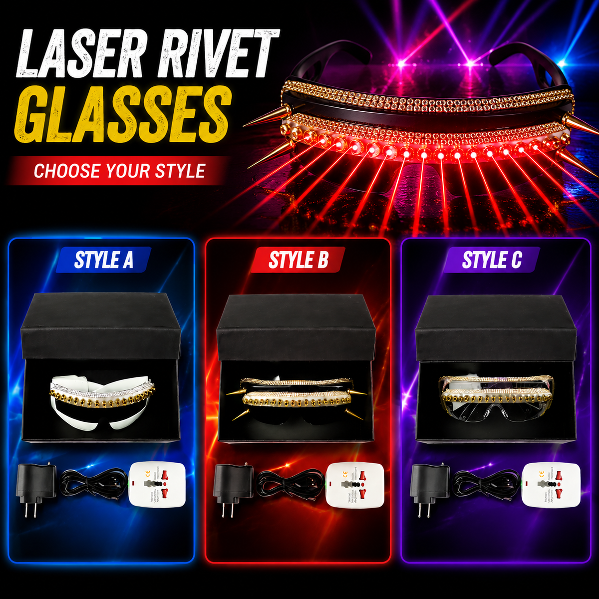 KTVLIGHTS Red Laser Glasses with Rivet Style for Parties & Festivals-M32