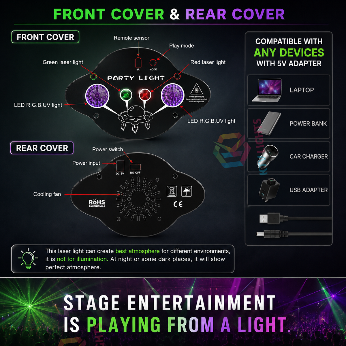 Portable USB DJ Laser Light RGB UV Party Disco Stage Lamp-B51