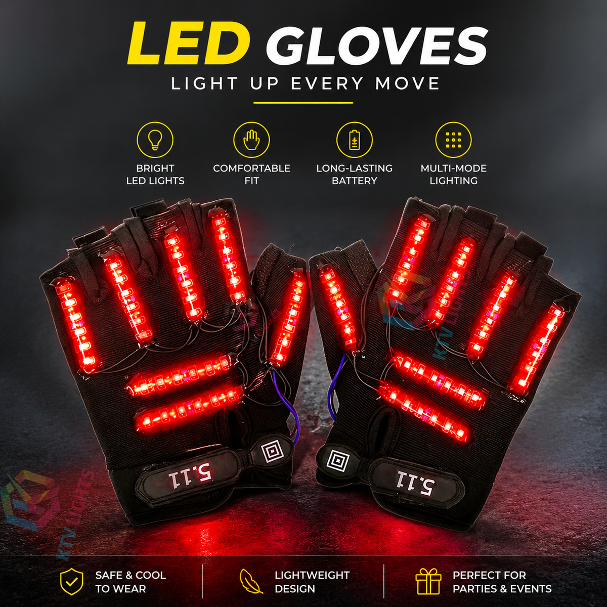 KTVLIGHTS LED Gloves for Rave Parties, DJs & Light Shows-M7