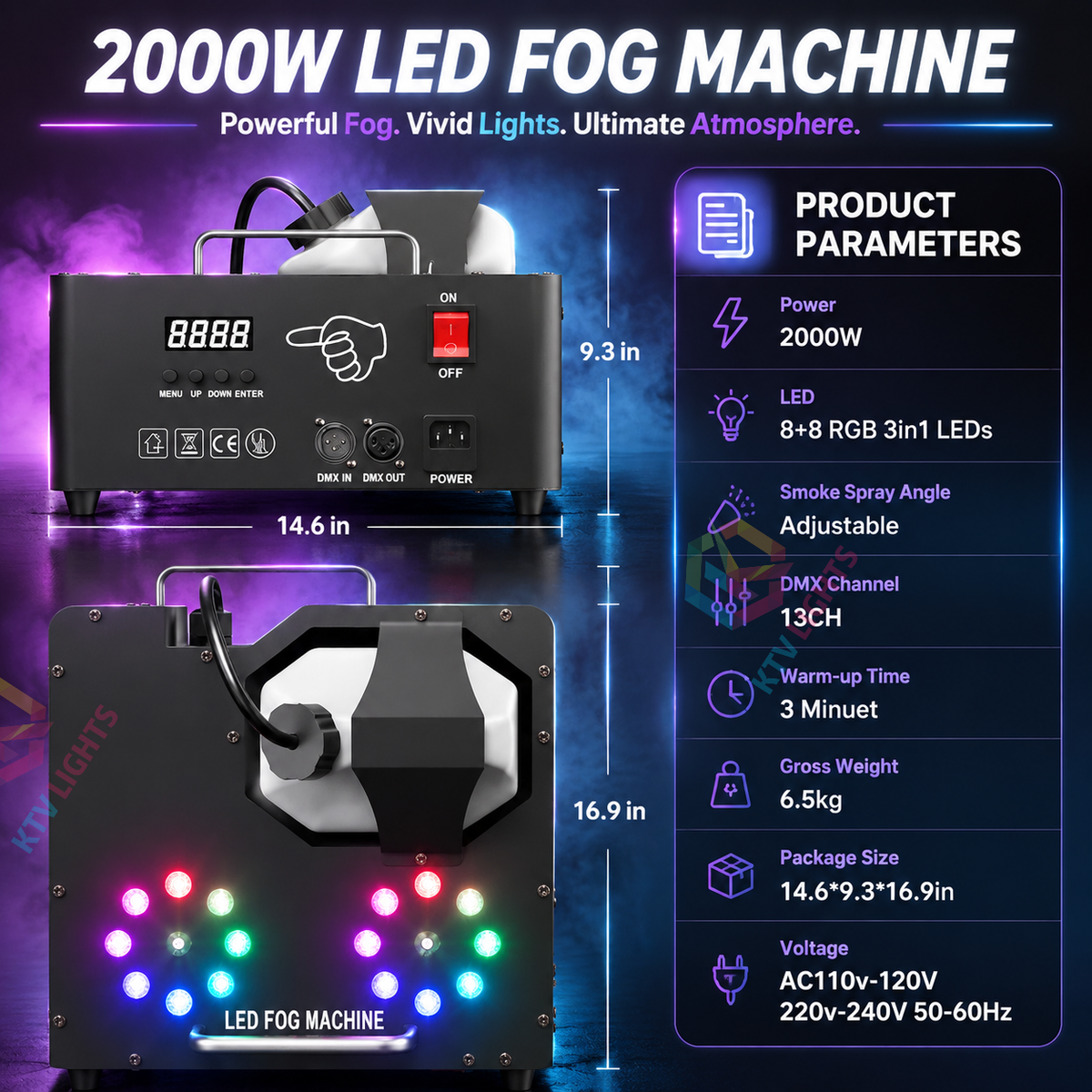 KTVLIGHTS 2000W Dual-Tube Adjustable LED RGB Smoke Machine-Y11