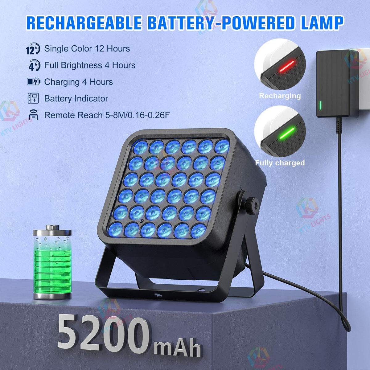 KTVLIGHTS 36-LED Wireless Rechargeable RGB 3-in-1 PAR Light-P47