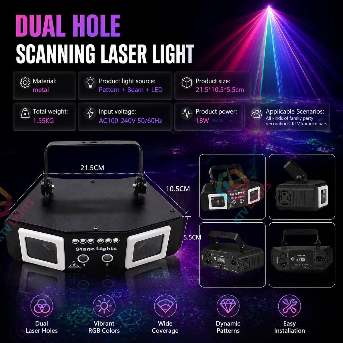 KTVLIGHTS 18W 2-in-1 Dual-Aperture RGB DMX Scanning Laser Stage Light-B30