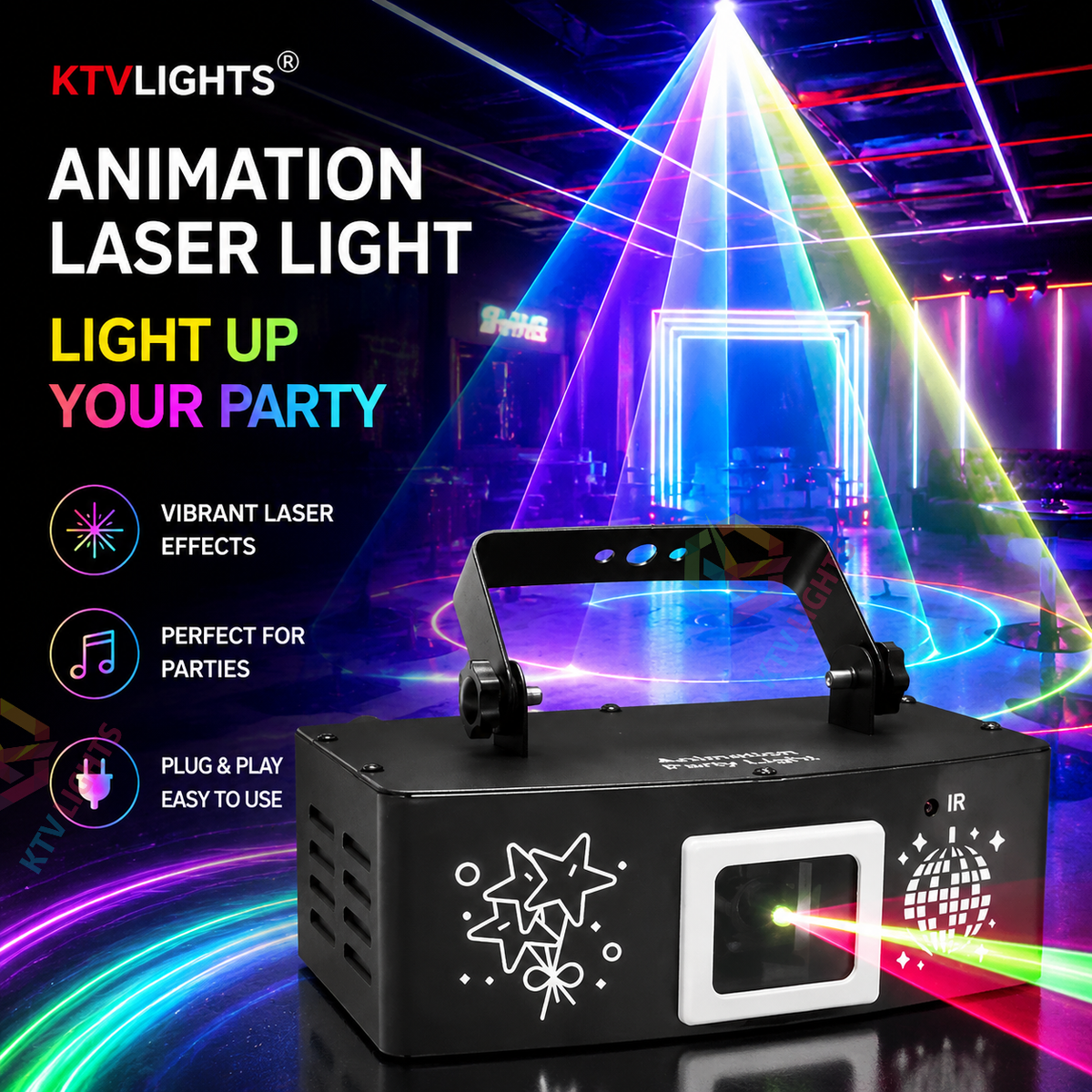 KTVLIGHTS RGB Animated Laser Light, DJ Stage Effect Light, DMX512 Party Light-A24