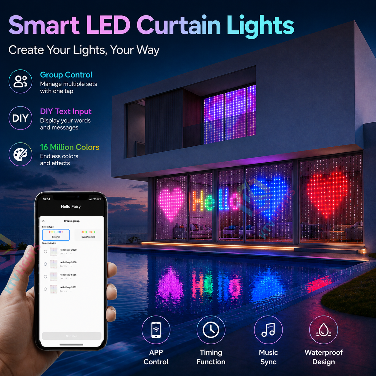 KTVLIGHTS Smart APP Curtain Light - DIY Text/Animation