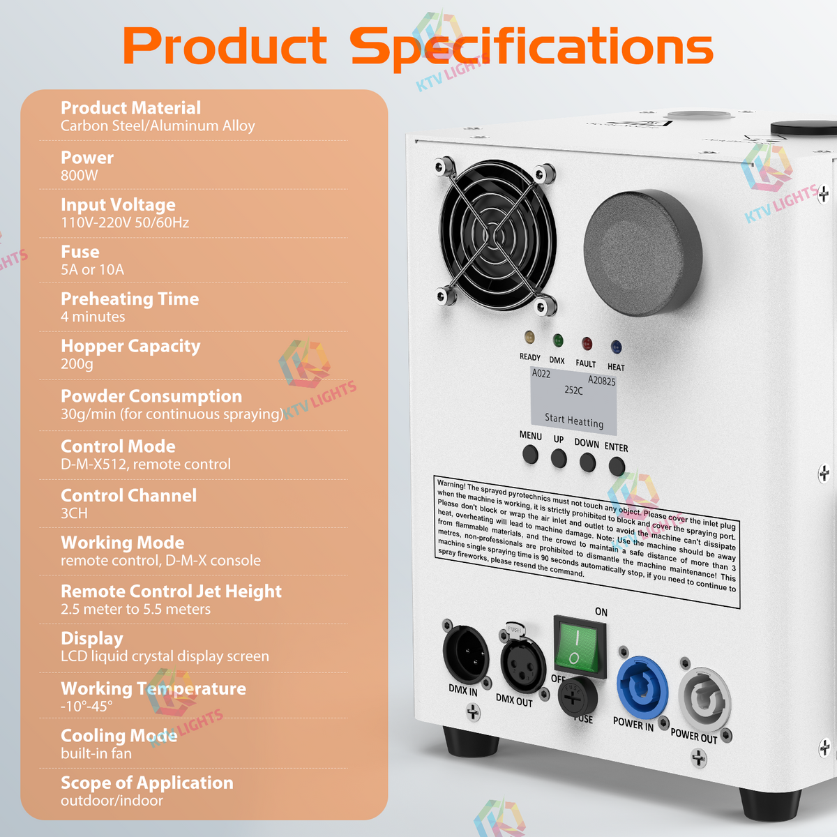 KTVLIGHTS 800W DMX512 Cold Spark Machine with Remote-H6