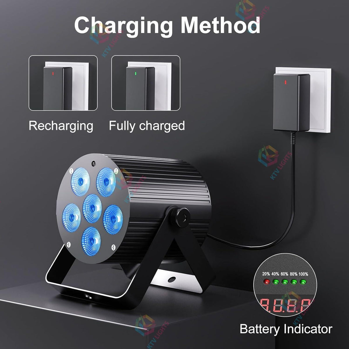 KTVLIGHTS 60W RGBWA UV Rechargeable LED Stage Light-P61