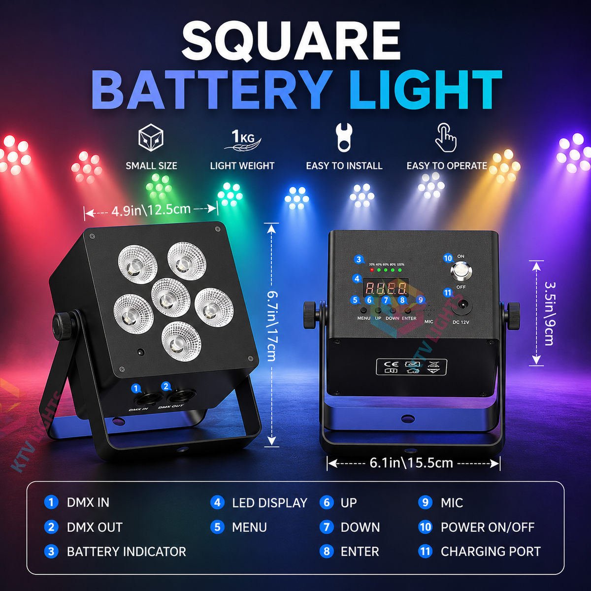 KTVLIGHTS 60W RGBWA UV DMX Voice-Activated Rechargeable PAR-P72