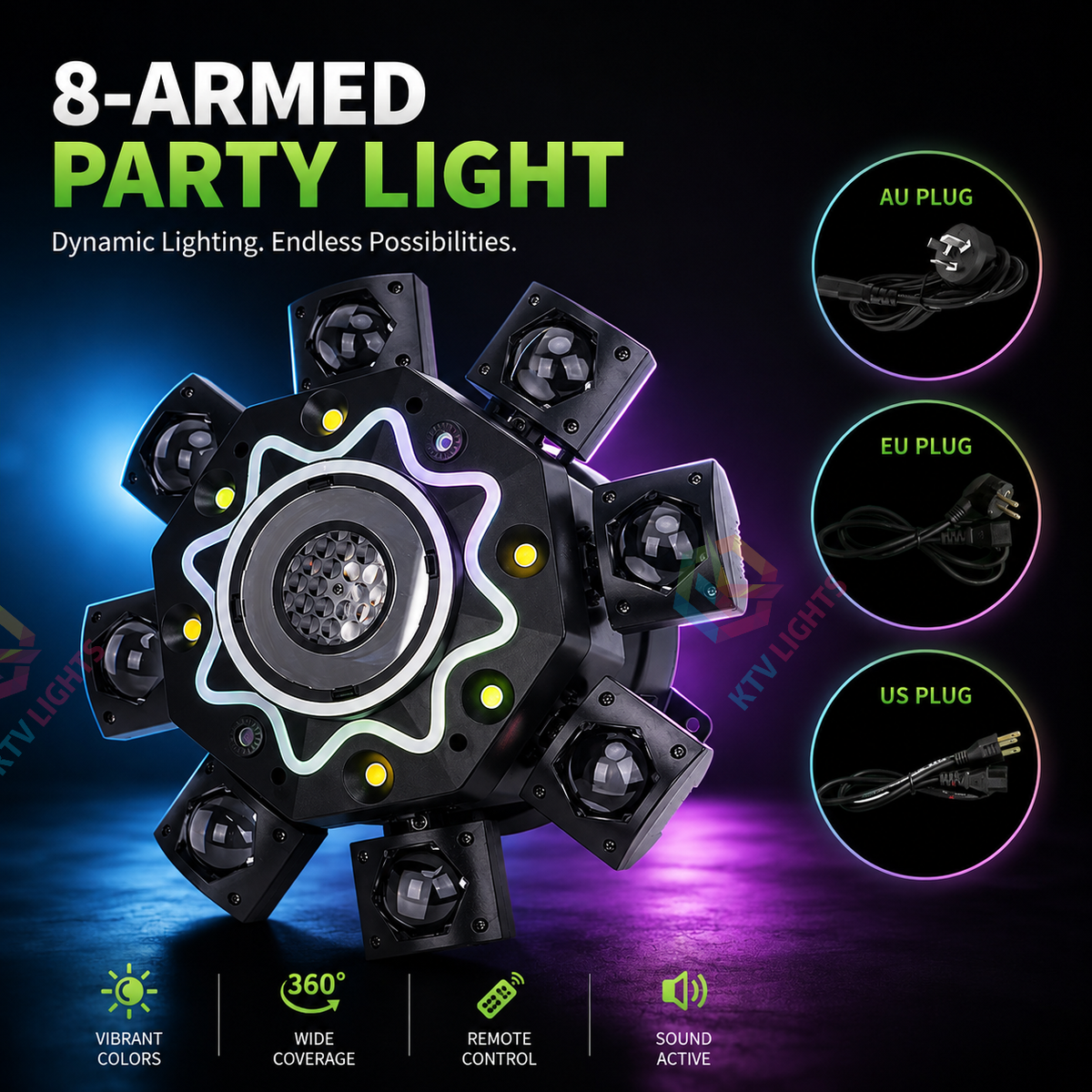 KTVLIGHTS 8 Arm RGBW Moving Head DJ Stage Light-E88
