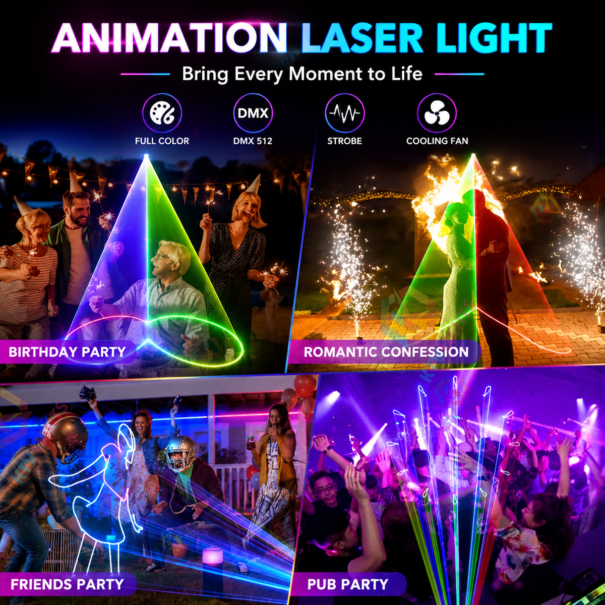 KTVLIGHTS RGB Animated Laser Light, DJ Stage Effect Light, DMX512 Party Light-A24