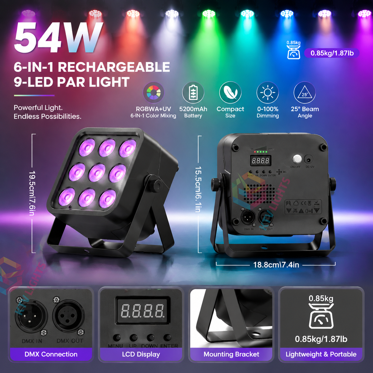 KTVLIGHTS 54W RGBWA+UV 6-in-1 DMX Rechargeable Stage Light-P25