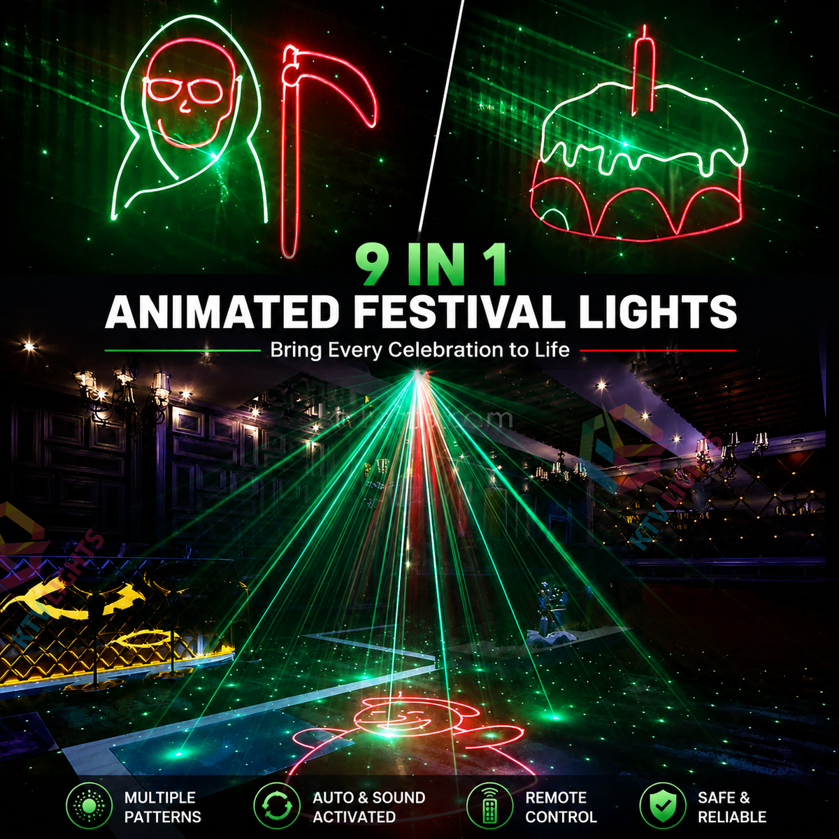 KTVLIGHTS 500mW/1W 9-in-1 Holiday Animation Laser Stage Light-A15