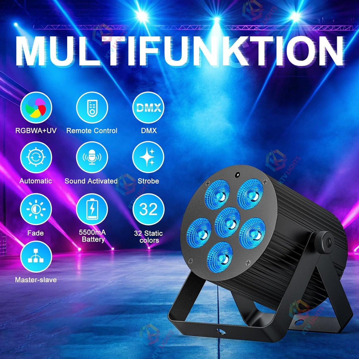 KTVLIGHTS 60W RGBWA UV Rechargeable LED Stage Light-P61