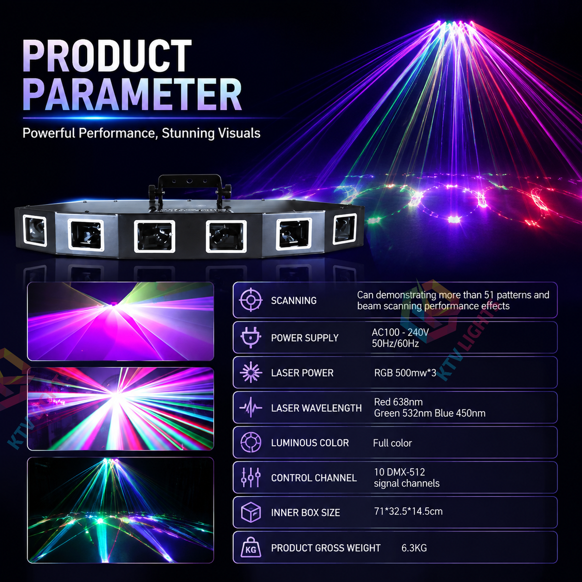 KTVLIGHTS 6-Hole RGB Scanning DMX Laser Stage Light for DJ Clubs-B26