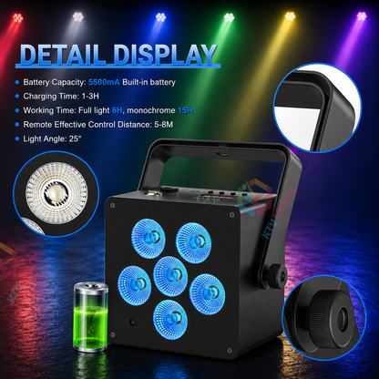 KTVLIGHTS 60W RGBWA UV DMX Voice-Activated Rechargeable PAR-P72