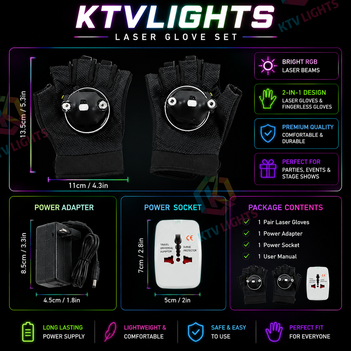 KTVLIGHTS Color Rotating Laser Gloves for Party & DJ Shows-M8