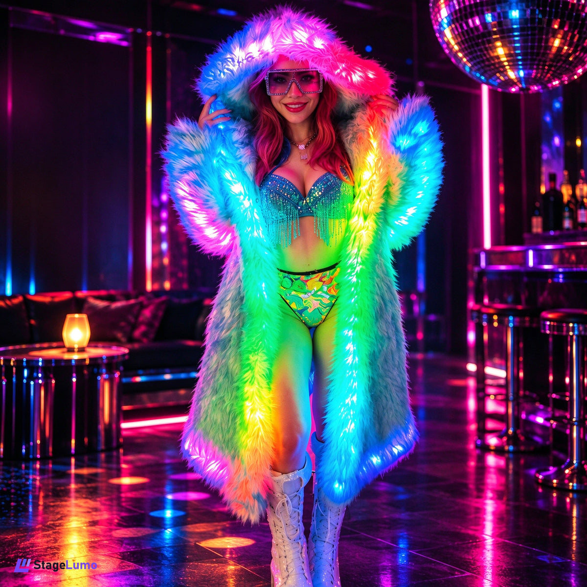 StageLumo LED Faux Fur Coat for Cosplay, Festivals & Parties-M60