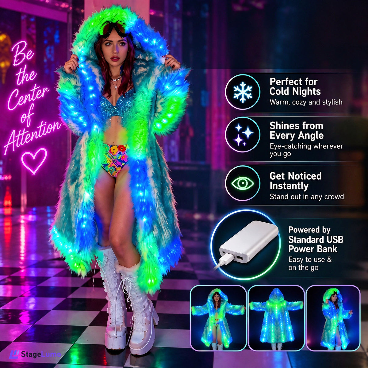 StageLumo LED Faux Fur Coat for Cosplay, Festivals & Parties-M60