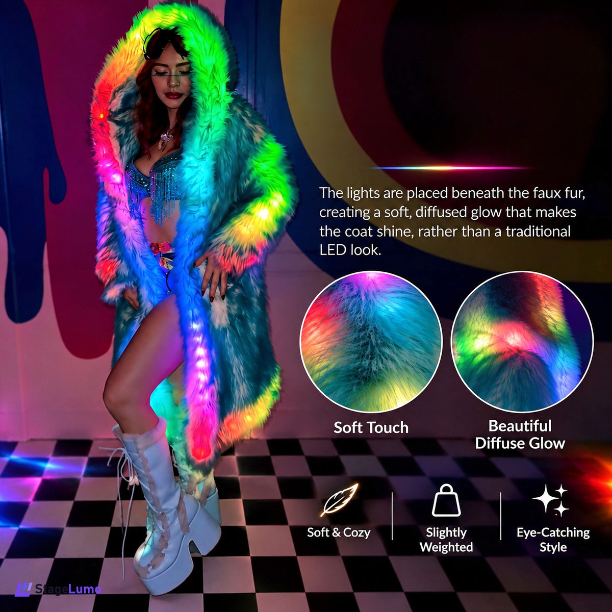 StageLumo LED Faux Fur Coat for Cosplay, Festivals & Parties-M60