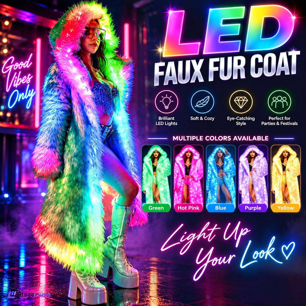 StageLumo LED Faux Fur Coat for Cosplay, Festivals & Parties-M60