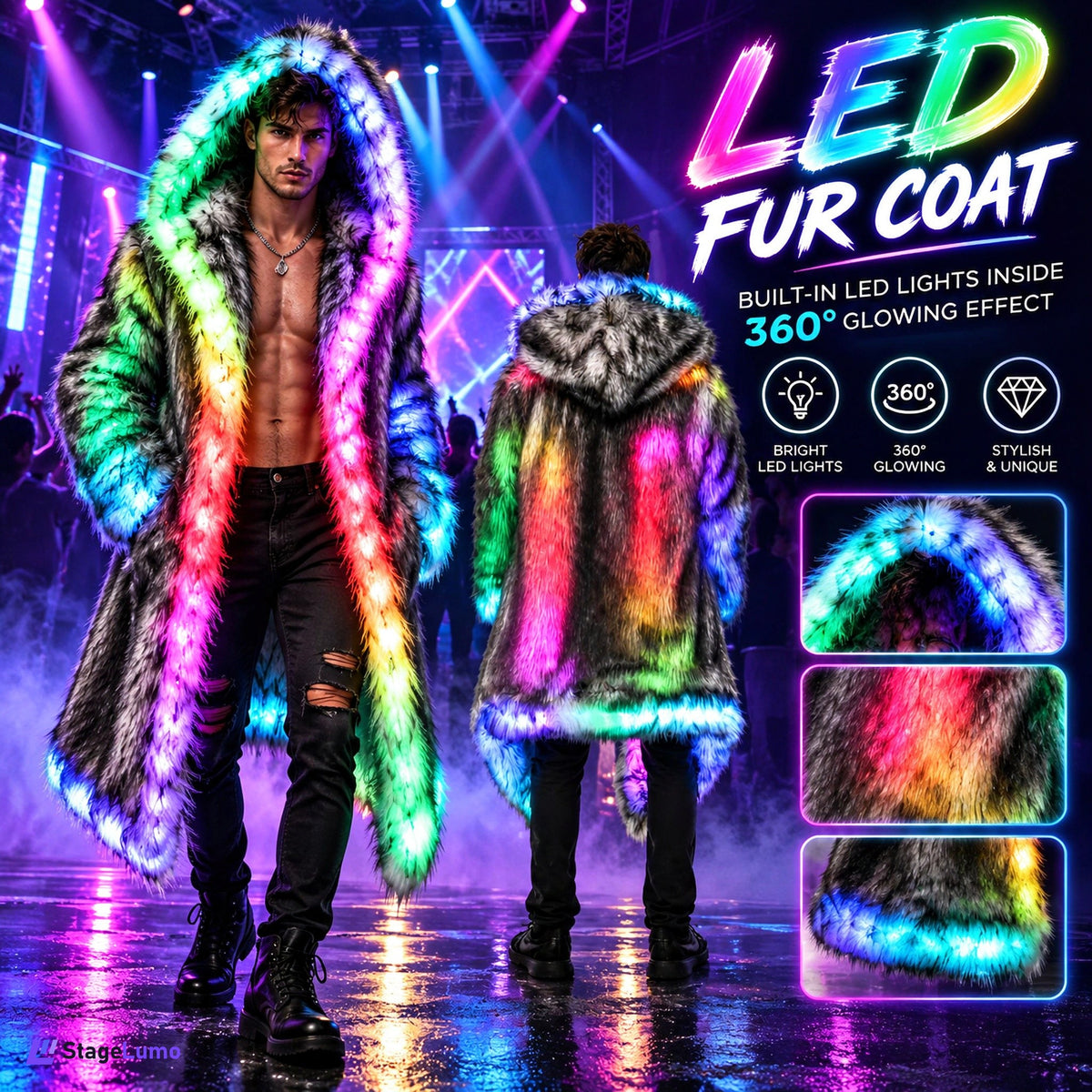 StageLumo LED Faux Fur Coat for Cosplay, Festivals & Parties-M60
