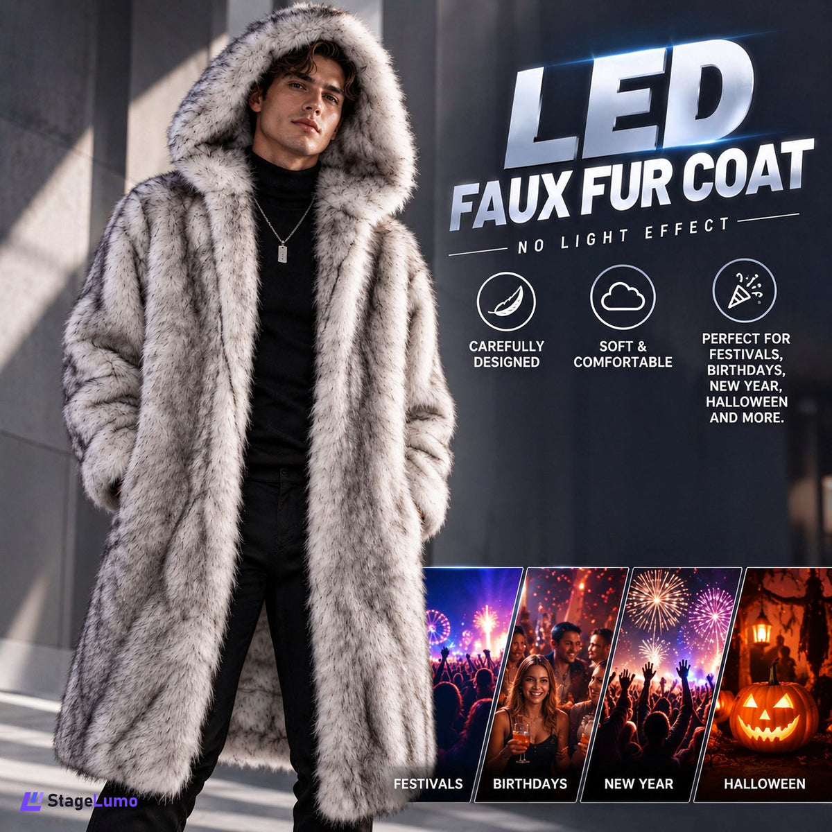 StageLumo LED Faux Fur Coat for Cosplay, Festivals & Parties-M60