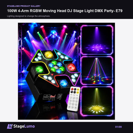 100W 4-Arm RGBW Moving Head DJ Stage Light DMX Party- E79 - StageLumo image 1