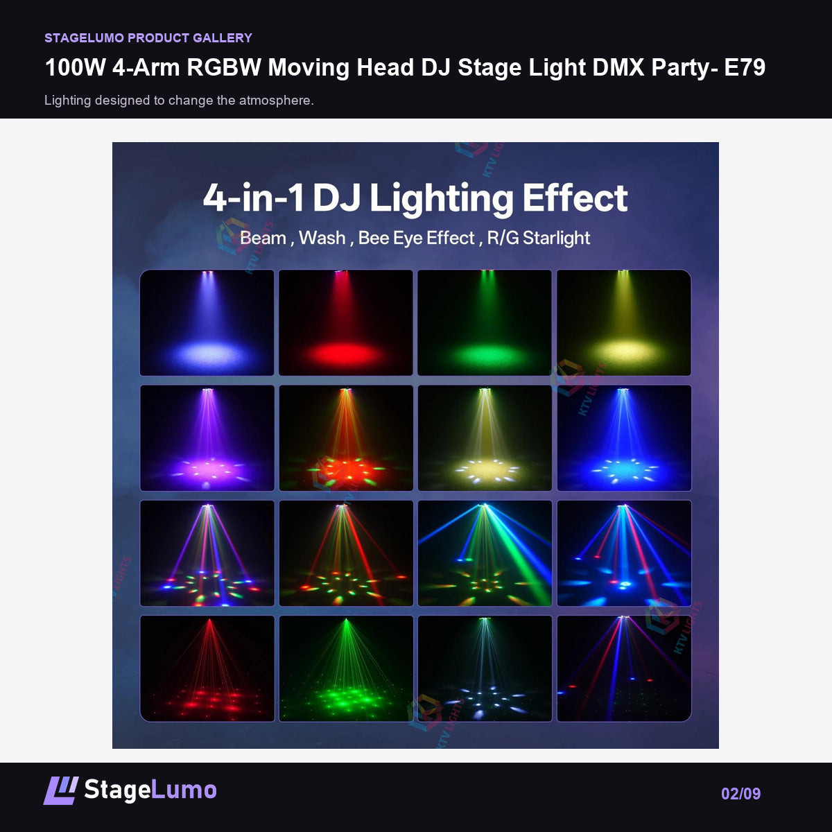 100W 4-Arm RGBW Moving Head DJ Stage Light DMX Party- E79 - StageLumo image 2