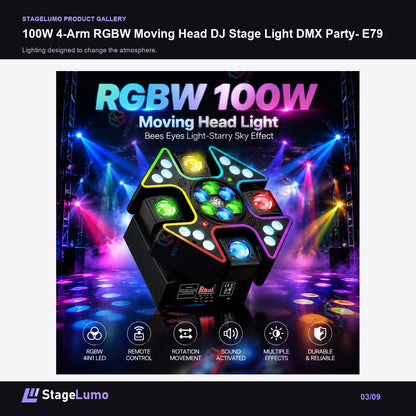 100W 4-Arm RGBW Moving Head DJ Stage Light DMX Party- E79 - StageLumo image 3