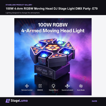 100W 4-Arm RGBW Moving Head DJ Stage Light DMX Party- E79 - StageLumo image 4