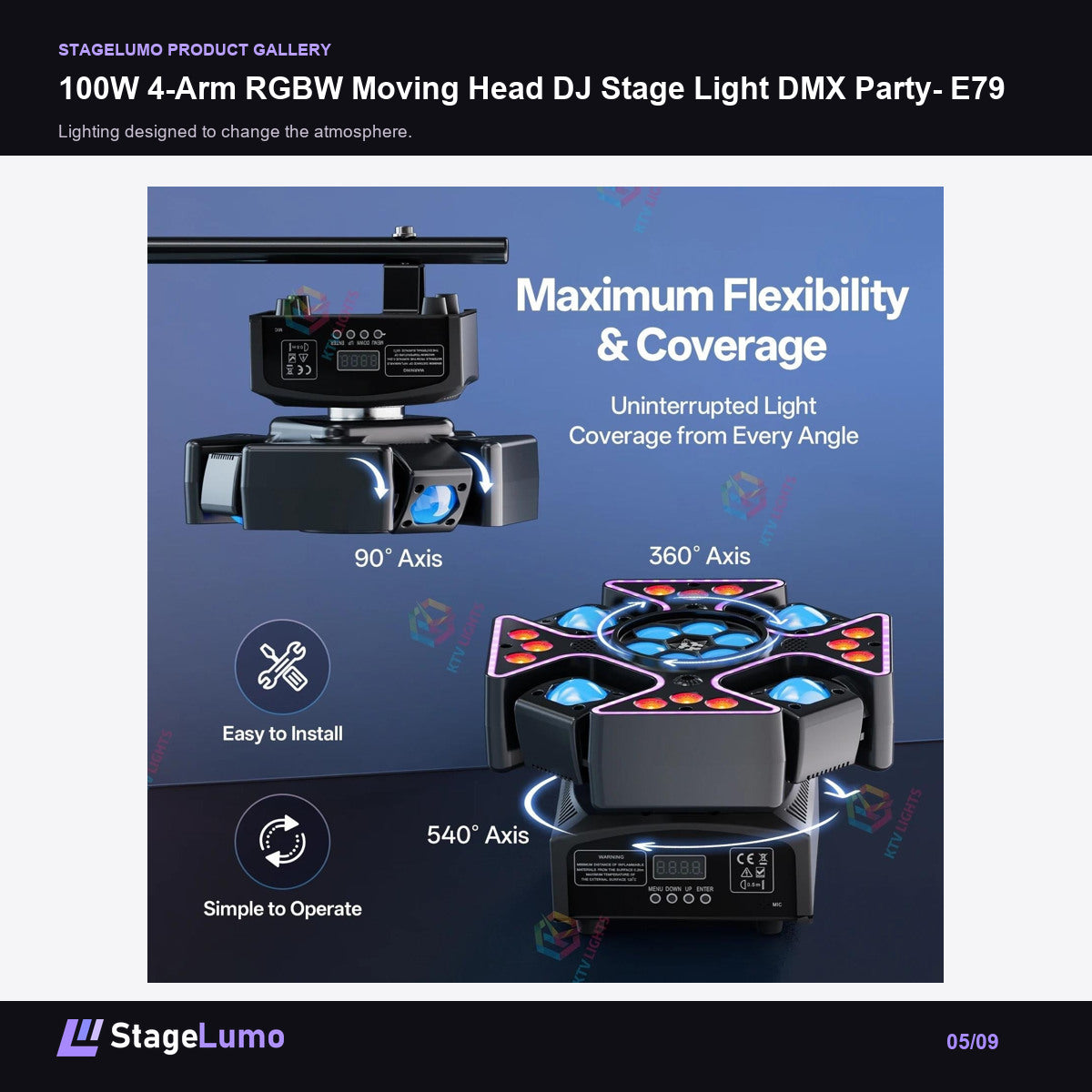 100W 4-Arm RGBW Moving Head DJ Stage Light DMX Party- E79 - StageLumo image 5