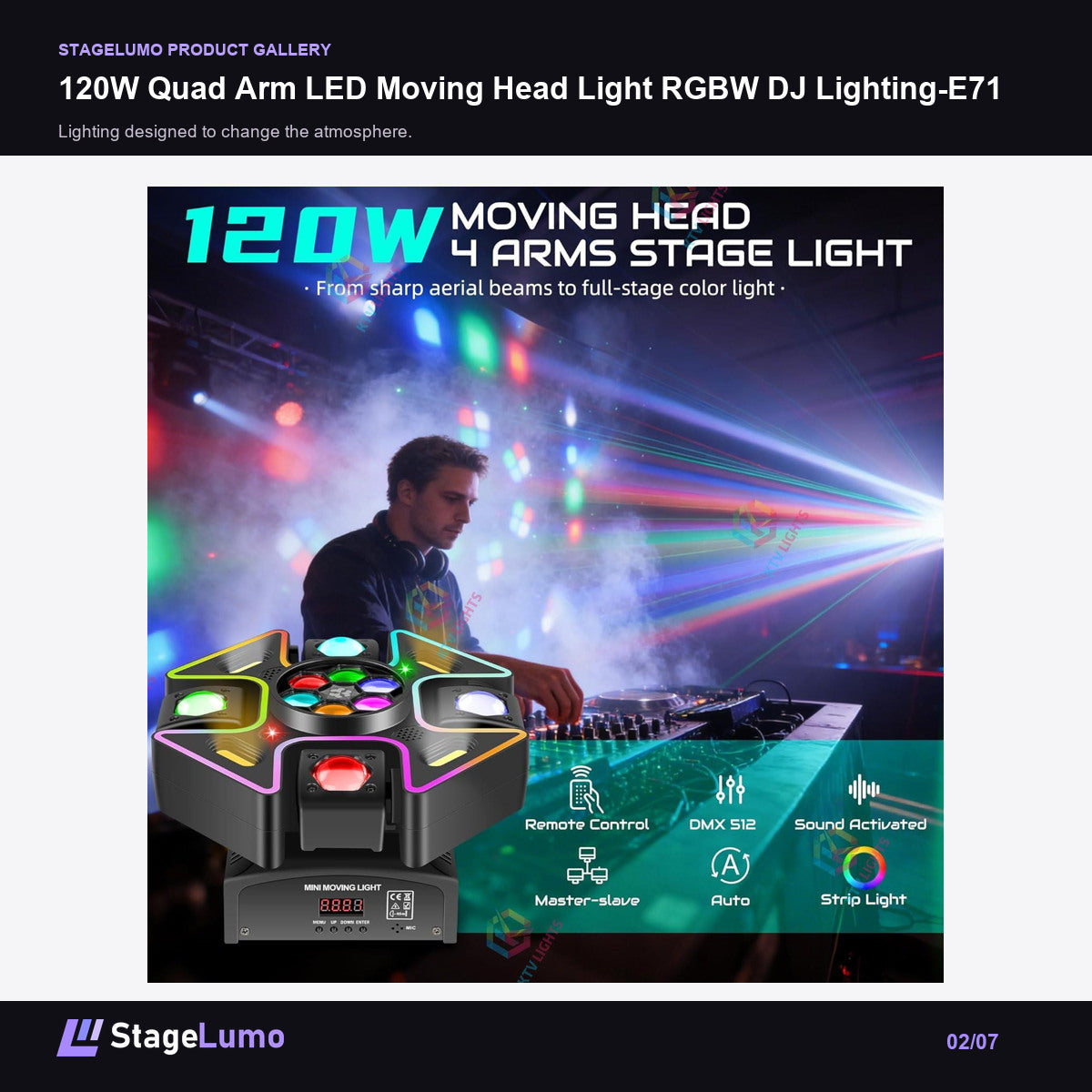 120W Quad Arm LED Moving Head Light RGBW DJ Lighting-E71 - StageLumo image 2