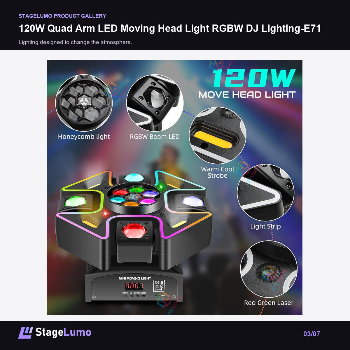 120W Quad Arm LED Moving Head Light RGBW DJ Lighting-E71 - StageLumo image 3